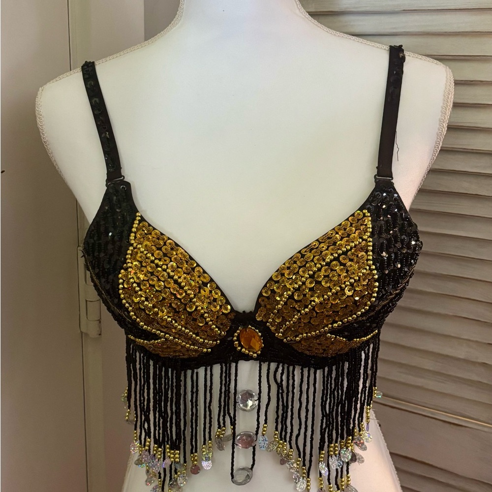 Glamorous Gold and Black Sequin Fringe Bra Top